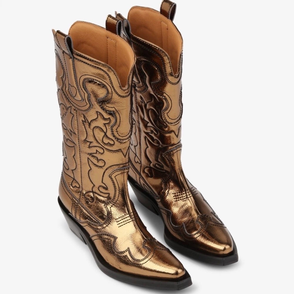 GANNI Mid Shaft Embroidered Western Boot Metallic Bronze Cowboy Boots 39 8 9 NEW